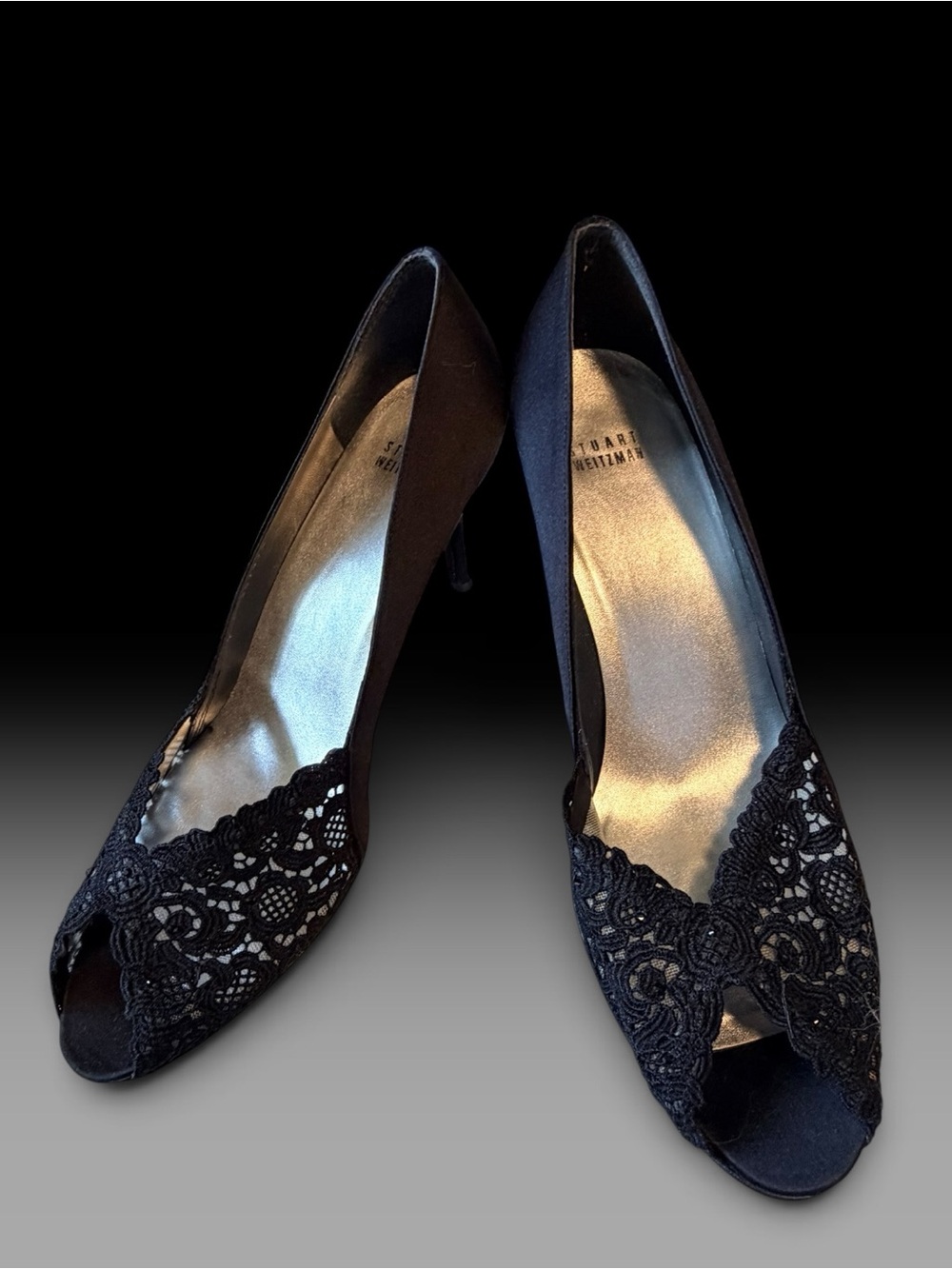 Stuart Weitzman Black Lace Peep Toe Pumps Size 11M